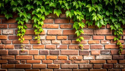 Lush green ivy vines cascading down a rustic red brick wall, creating a natural, textured backdrop.