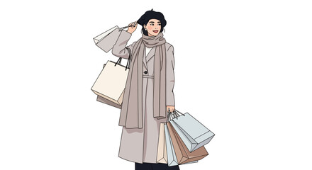 Illustration Art Vector of Woman with Shopping Bags in Fashionable Style Minimalist Taupe Color Palette