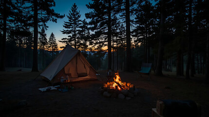 A cozy triangular tent in a forest clearing at dusk, surrounded by pine trees and a colorful sunset, creates a peaceful and atmospheric outdoor camping scene.