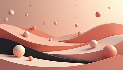 Abstract peach landscape with floating spheres and wavy layers in soft pastel color palette