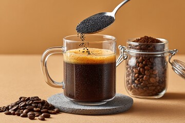 Delicious Fresh Coffee in a Glass Mug with Spoonful of Black Seeds Above
