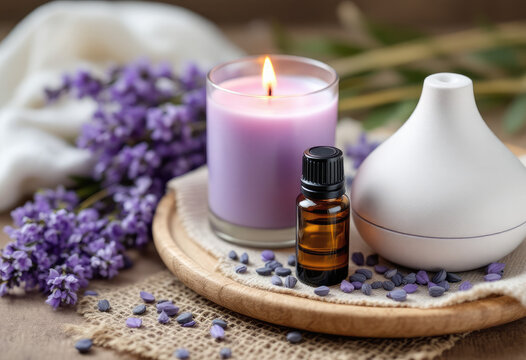 Purple Lavender Flowers, Lit Candle, Oil Bottle, Diffuser Still Life