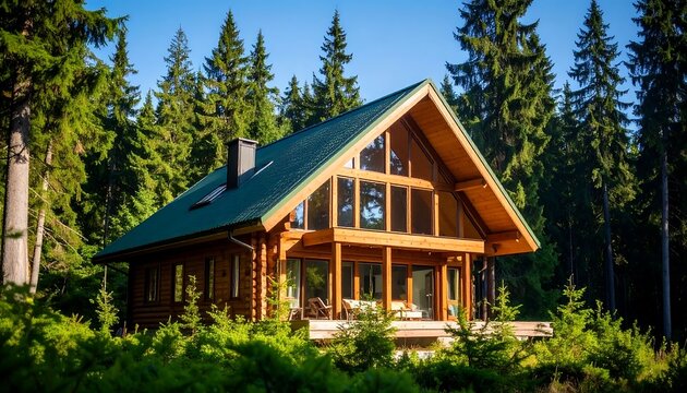 Wooden cabin nestled in a forest.  Spacious log home with a green roof, surrounded by lush greenery and tall evergreens.  Sunlight streams through large windows