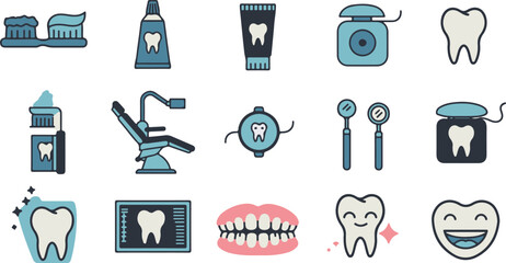 Modern Dental Care Icons: Toothbrush, Toothpaste, Floss, X-Ray, Dentist Chair, and Happy Teeth Illustrations in a Flat Design Style.