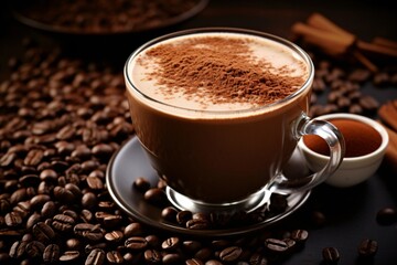 Delicious Hot Chocolate Drink with Cinnamon Powder and Coffee Beans Decoration