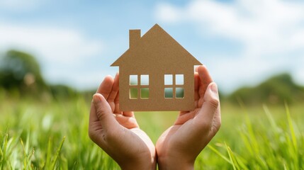 Hands cradle a cardboard cutout house against a blurred background of vibrant greenery and blue sky
