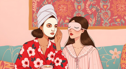 Friends' Relaxing Self-Care Night: Women with Face Mask and Sleep Mask Sharing Secrets at Home