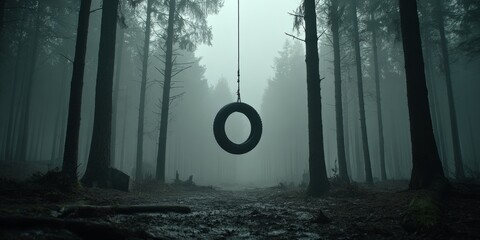 Hanging tire swing in spooky foggy forest at twilight