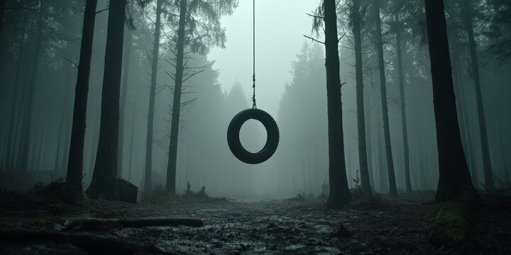 Hanging tire swing in spooky foggy forest at twilight