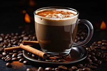 Delicious Hot Coffee in a Glass Cup with Cinnamon Sticks and Coffee Beans