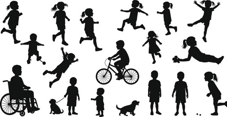 Silhouettes of active children playing, running, jumping, biking, walking dog, diverse fun vector illustration