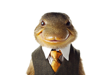 Anthropomorphic lizard character with tweed suit and tie on transparent background