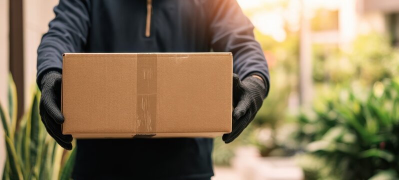 The delivery person holding a package in a sunlit outdoor setting