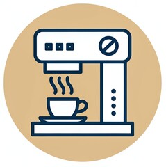 Modern Coffee Machine Icon: Minimalist Line Art Style, Warm Beige Background, Fresh Brew Mood, Simple Design, Perfect for Cafe Menu, Website, App, Branding, and Marketing Materials.