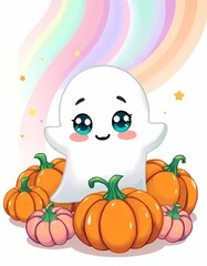 A cute white ghost with big sparkling eyes and rosy cheeks, surrounded by pumpkins, with a pastel rainbow and shinning stars, white background, wallpaper