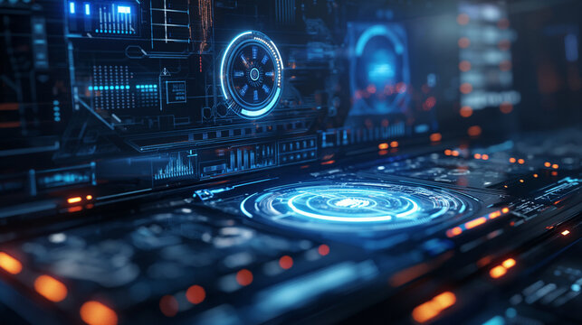 Futuristic neon circuit board with glowing blue and orange lights