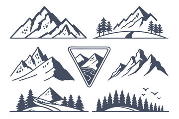 A collection of mountain range illustrations isolated on white background showcases the beauty of nature and outdoor adventures