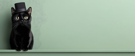 A charming black cat in a top hat sitting on a shelf with copy space.