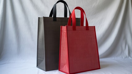 Reusable shopping bags in gray and red for ecological purchases and environmental awareness promotin.jpg