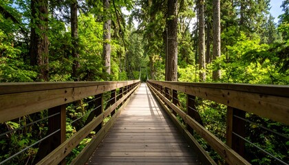 Wooden footbridge through a lush forest. Sunlight streams down a pathway