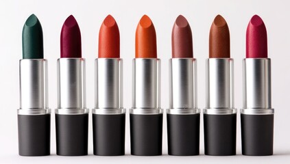 Obraz premium Row of assorted lipstick shades in silver and black tubes