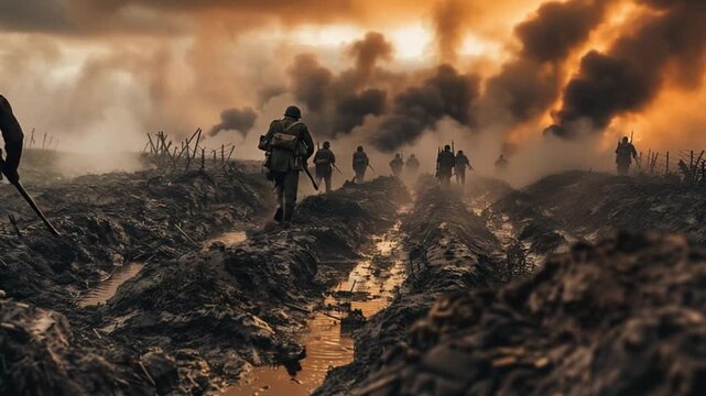 World War II battlefield muddy trenches soldiers 4K Videos 