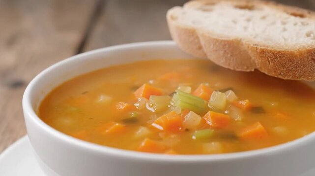 Hot healthy vegetarian vegetable soup with bread in a bowl 4k food Macro video short