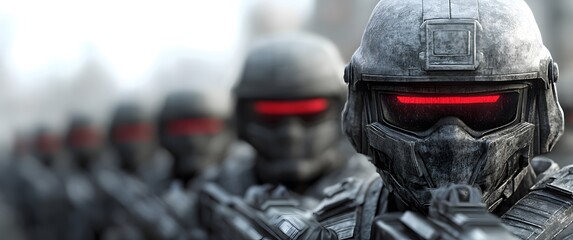 A formation of dystopian super soldiers in futuristic armor.