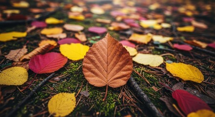 Autumn leaves carpet, a single brown leaf stands out