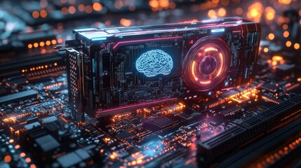 Futuristic computer graphic card with brain graphic