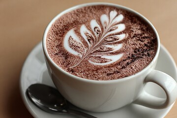 Delicious Close up of a Frothy Hot Chocolate with Leaf Latte Art Design