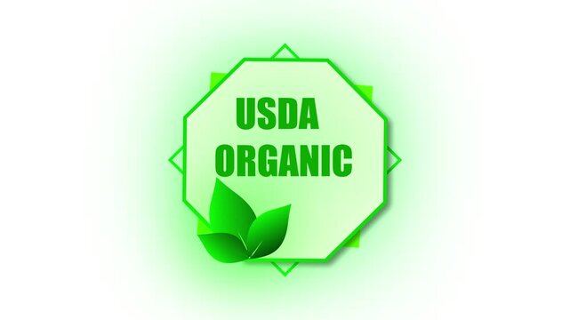 Green leaves USDA organic logo animation. Healthy food and eco logo branding design. Animated USDA organic emblem. Farm fresh produce and sustainable agriculture motion graphics.