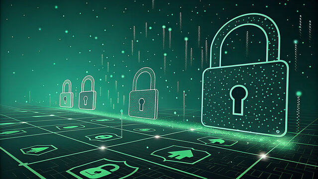 Digital lock security concept with glowing data streams and network icons