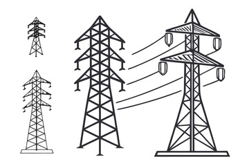 A set of electricity pylon drawings show the different types of power line transmission towers isolated on white background