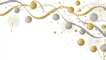 Fototapeta premium Gold and silver confetti ribbons, sparkling balls, and fireworks on white background