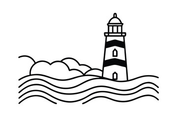 Line Art Of A Coastal Lighthouse With Waves Crashing