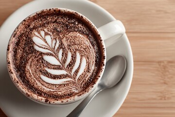 Close up of a Delicious Hot Chocolate Drink with Latte Art in a White Cup