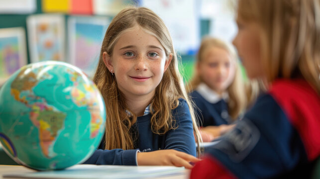 A young girl with long blonde hair sitting at a desk with a globe in a classroom setting smiling softly