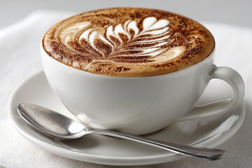 Close up of a Delicious Cappuccino with Latte Art and Silver Spoon on Saucer