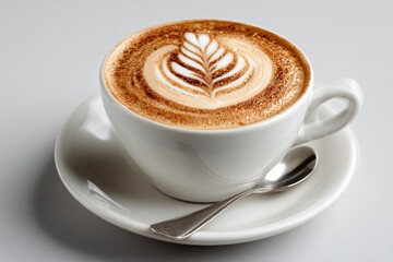 Delicious Close up of a Frothy Cappuccino with Latte Art in a White Cup