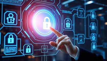 Interactive cybersecurity interface featuring padlock and fingerprint biometric access