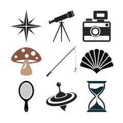 Compass telescope camera mushroom fishing rod fan mirror spinning top hourglass compass rose