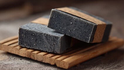 Dark gray soap bars, speckled with small granules, on a wooden soap dish