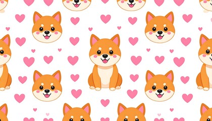Repeating pattern of cute cartoon Shiba Inu dogs and pink hearts on a white background