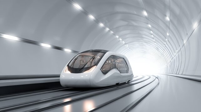 A modern high-speed train is seen traveling through a sleek, futuristic tunnel with advanced lighting and design.