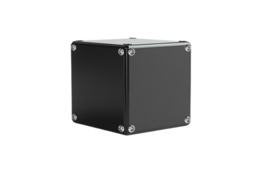 Shiny industrial black cube with silver screws on transparent background