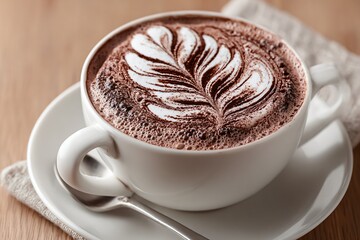 Delicious Hot Chocolate with Latte Art in a White Cup, Served with a Spoon