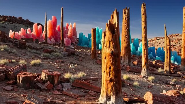 Colorful crystal formations among ancient petrified trees