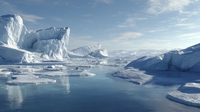 A stunning view of arctic icebergs and clear blue water under a bright sky, showcasing the beauty of polar nature.