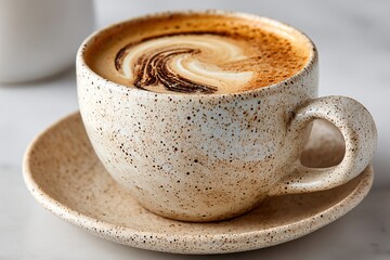 Close up of a Stylish Coffee Cup with Latte Art and Speckled Texture